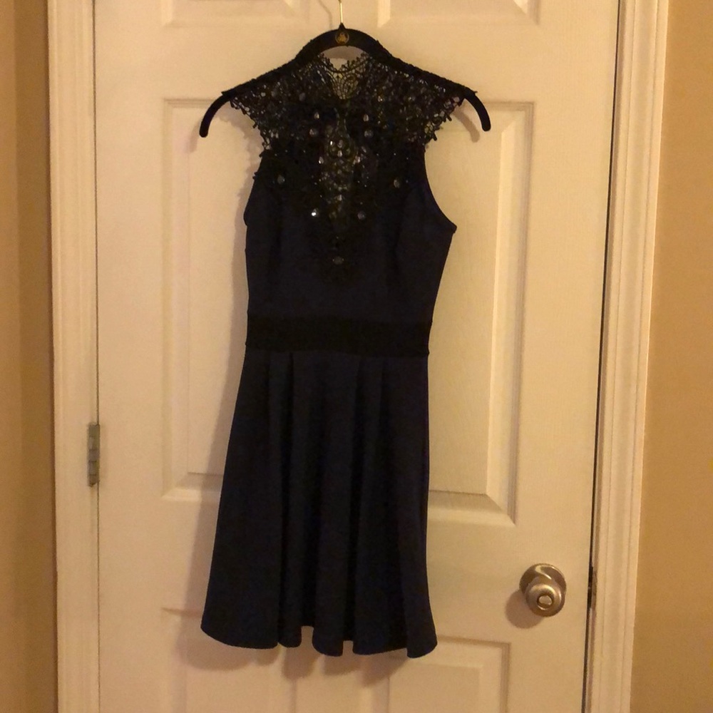Navy, lace neck formal dress